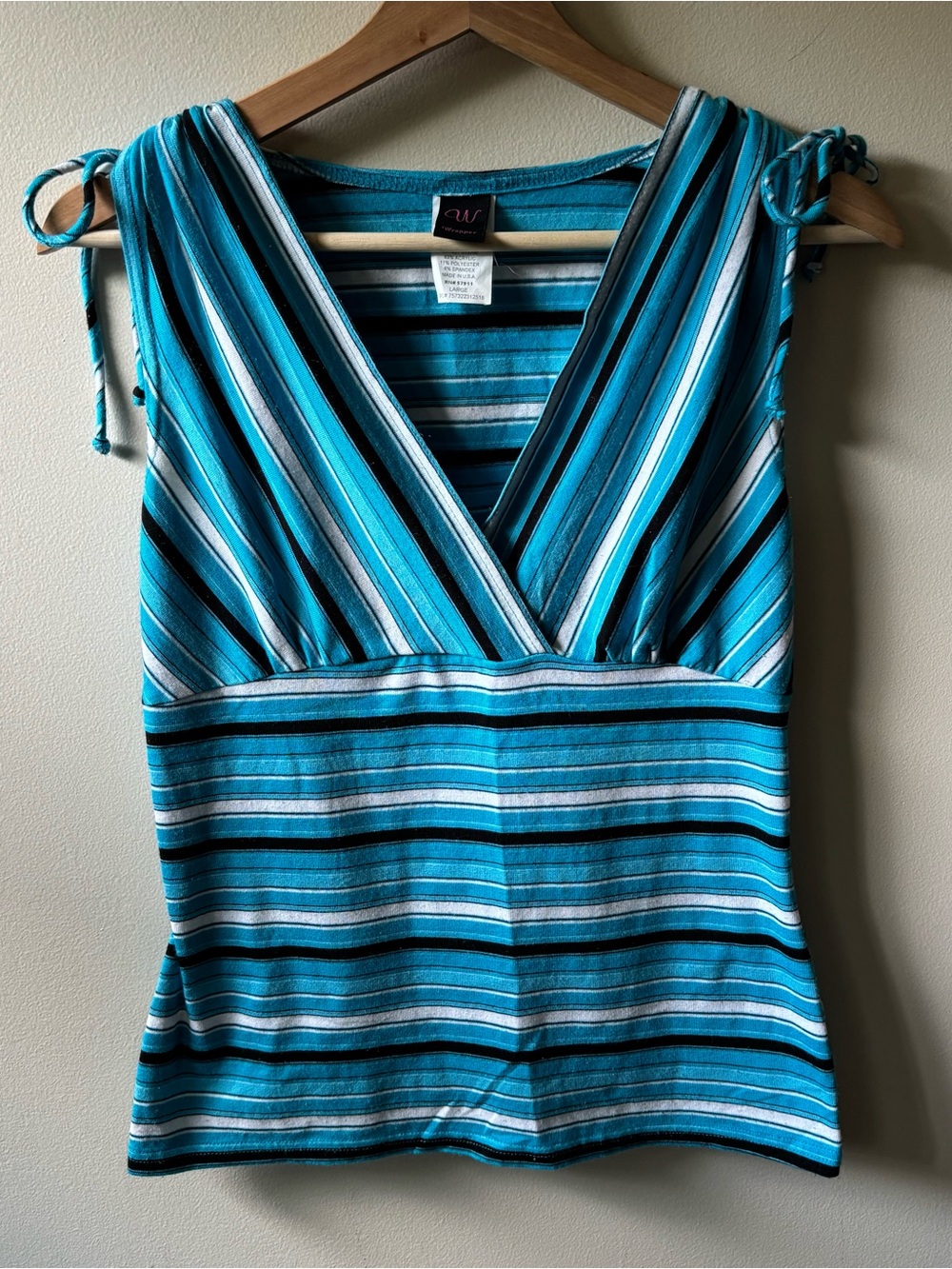 Wrapper Y2K Blue White and Black Striped V-Neck Top